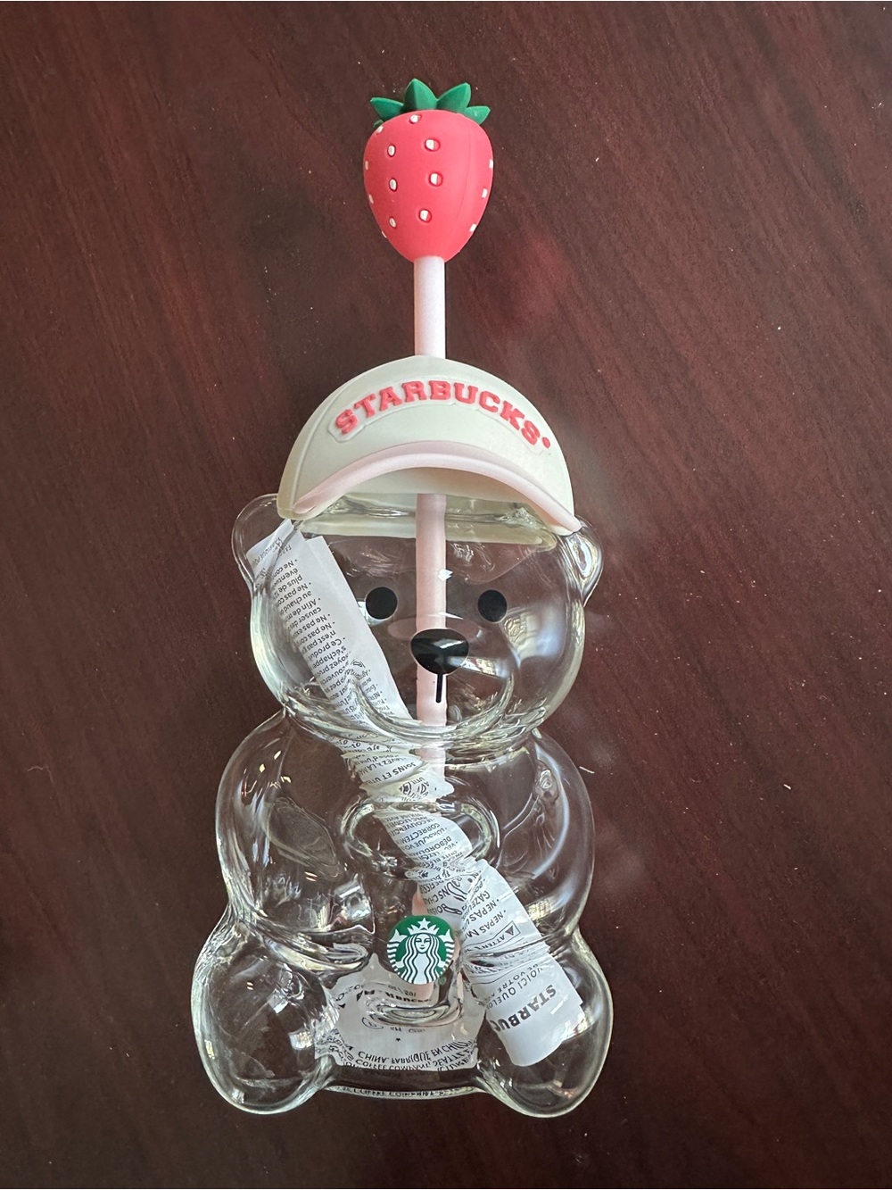 Starbucks Clear Bear Bottle with Pink Straw and Strawberry Charm